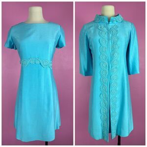 Size M | Vintage 1960s 60s Aqua Short Sleeve A-Line Dress 3/4 Sleeve Coat Set